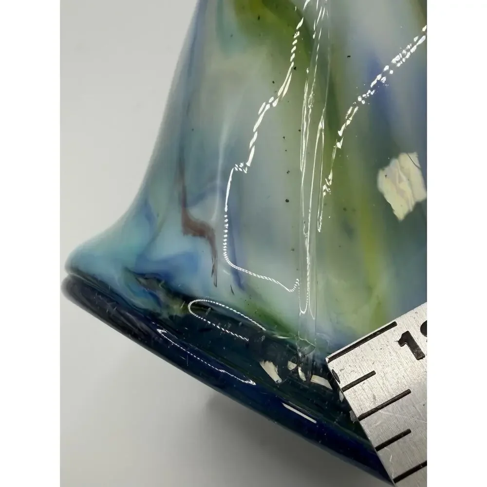 Vintage Hand Blown Art Glass Swan Vase Blue Slag Swirl MCM 10.5”